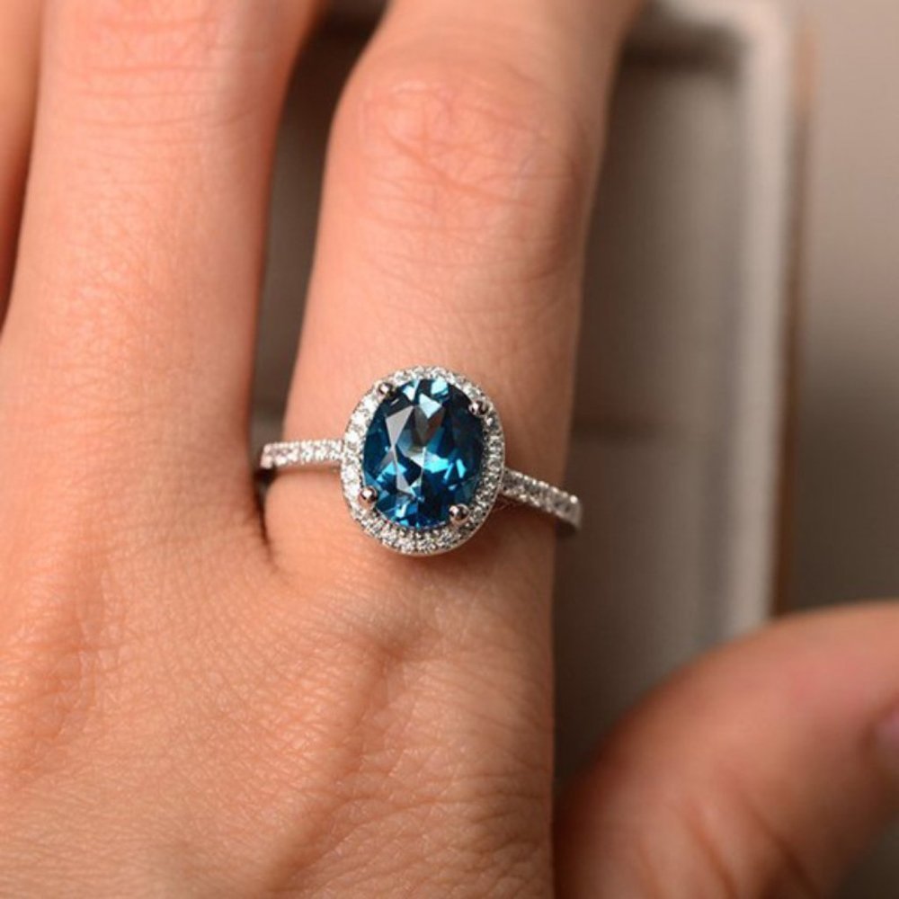 NEW Silver Tanzanite Diamond Halo Oval Cut Ring - Picture 1 of 5